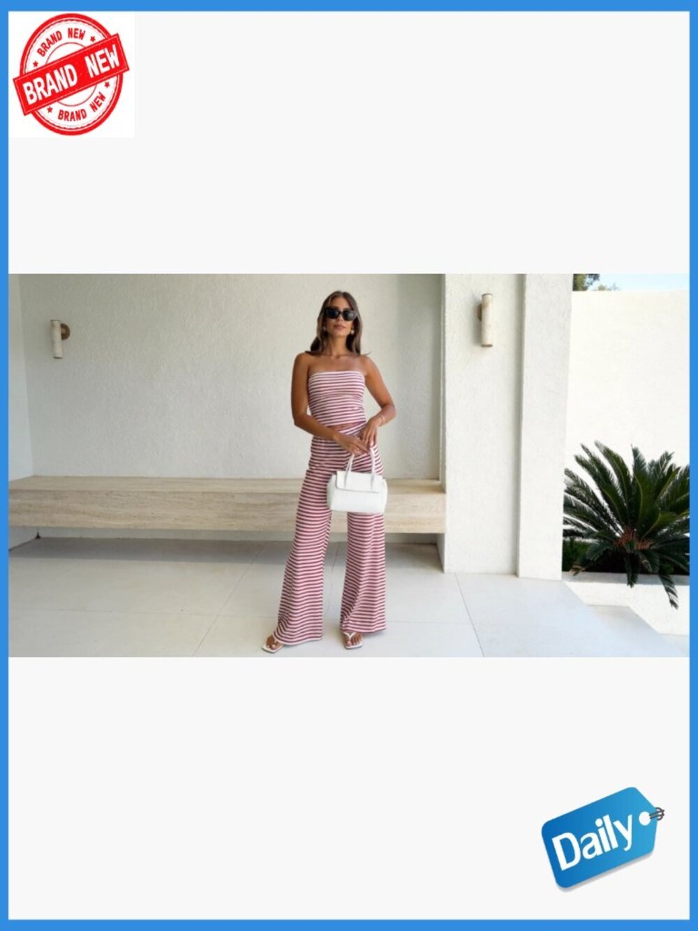 Two Piece Stripe Tube Top & Wide Leg Pants Set Summer Travel Outfit - Picture 7 of 7